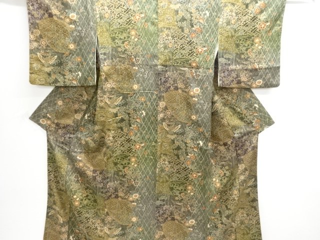 JAPANESE KIMONO / KOMON / CRANE & FLORAL PLANTS